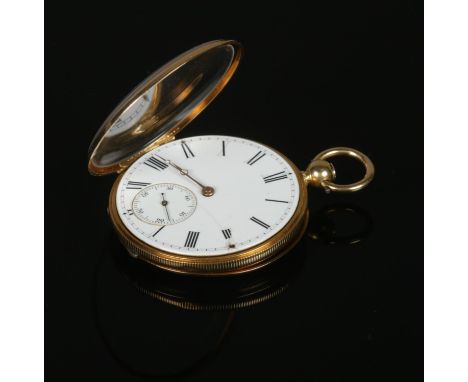 An 18ct gold fob watch. With enamel dial, Roman numeral markers and subsidiary seconds. Movement stamped Botte A Geneve.  Dam