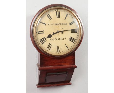 A 19th century mahogany cased fusee wall clock. Dial painted for R Attenborough, Piccadilly. Chiming on a bell. 12inch dial. 