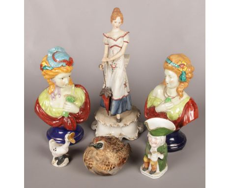 A quantity of mostly ceramics. Including two ceramic busts of maidens, character jug, Goebel duck, Capodimonte figure, etc.  