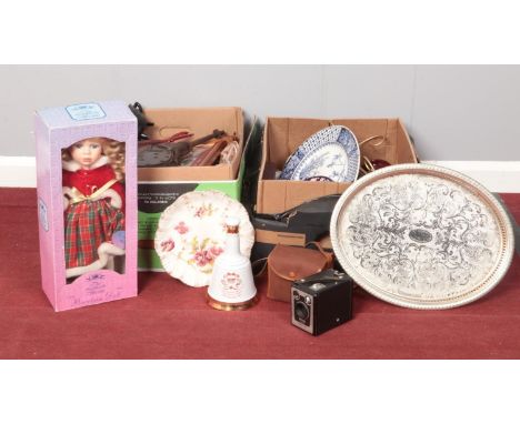 Two boxes of miscellaneous. Vintage Brownie six -20 camera Model D (with case), Bell's Scotch whisky commemorative decanter, 