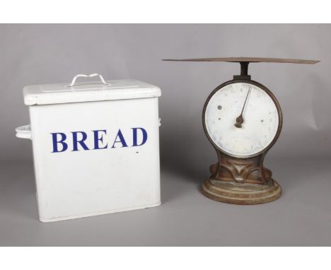 A vintage enamel bread bin &amp; salter weighing scales.  