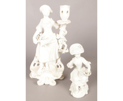 An early Derby bisque figural candlestick modelled as a maiden with bocage, along with a similar figure of a flower girl. Tal