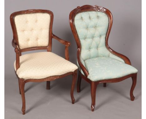 Two modern mahogany button back bedroom chairs with studded surround.  