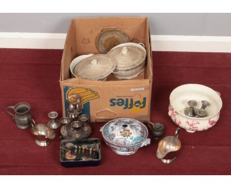 A box of miscellaneous. Including silver plate egg cup set, large Spode bowl, ceramics, etc.  