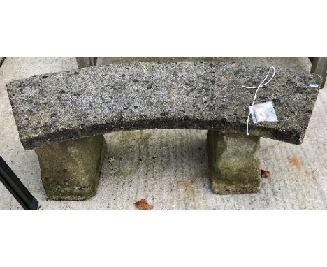 A composition stone rectangular trough on staddle stone type bases, 86 cm wide, together with a composition stone crescent sh