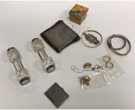 A box containing a collection of various small silver wares and costume jewellery including two silver bangles, two silver th