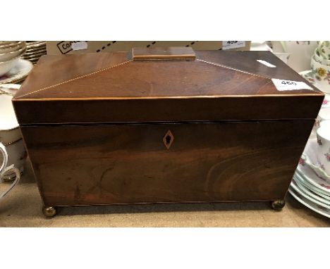 A Regency mahogany and satinwood strung sarcophagus shaped tea caddy, 18 cm high