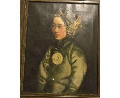 CIRCA 1900 CHINESE SCHOOL "Young girl in ornate headdress and silk jacket", a portrait study, half length, oil on canvas, ima