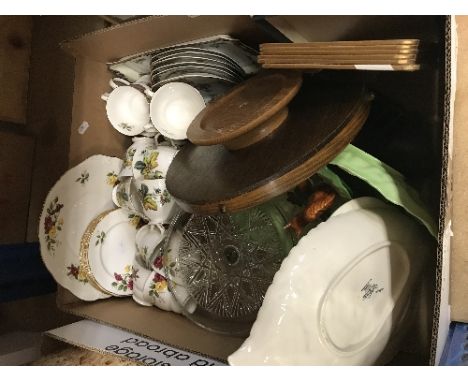Two boxes of assorted china and glassware, etc to include Foster pottery, Carlton ware "Leaf" design, a Lazy Susan, cutlery, 