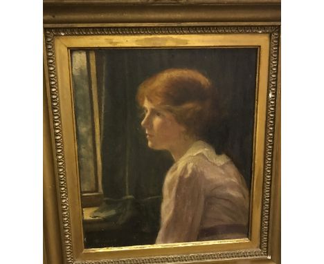 I BIGWOOD "Young redhead girl in white shirt, a black bow in her hair seated by a window", portrait study, oil on board, sign