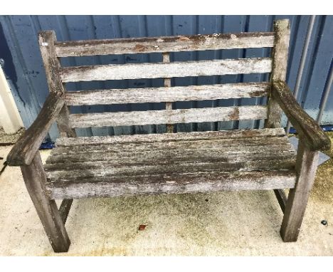 A teak slatted two seat bench seat, 120 cm wide and a Woodfurn slatted table on X supports, 76 cm x 42 cm