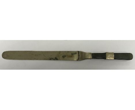 A 19th Century Chinese paperknife with jade and white metal banded handle and white metal blade, 37 cm long