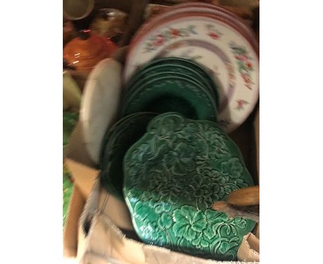 A large quantity of cottage wares to include Price's, Beswick, etc, together with a box containing assorted green leaf plates