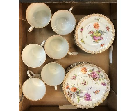 A Dresden floral decorated part tea service comprising six cups, six saucers and eight small plates