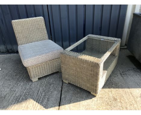 A modern canework conservatory suite comprising corner sofa, two chairs, stool and glass topped table (ex Dobbies Cirencester