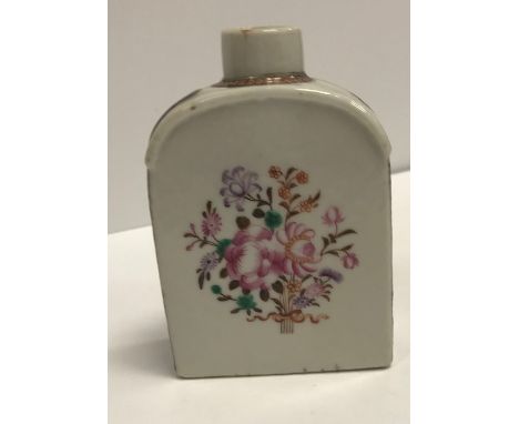 A 19th Century Chinese polychrome decorated tea caddy with floral spray decoration (two hairline cracks to neck), 12 cm