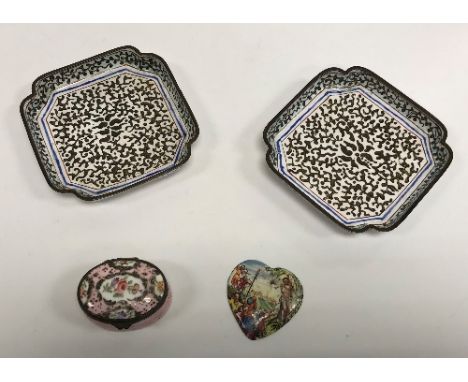 A pair of 19th Century enamelled pin dishes of square form with inset corners, the main field decorated with seaweed type dec