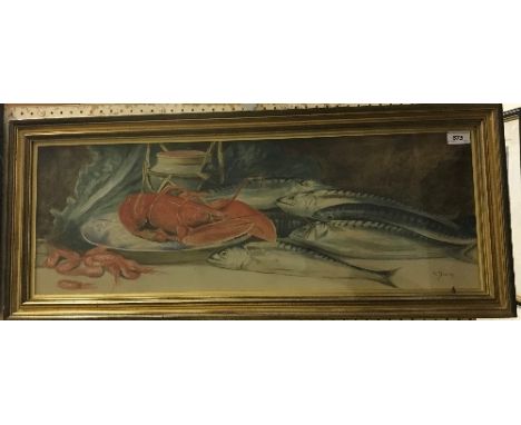 A. DUDLEY "Still life study of mackerel and lobster with prawns", watercolour, signed lower right, approx 36 cm x 87 cm inclu