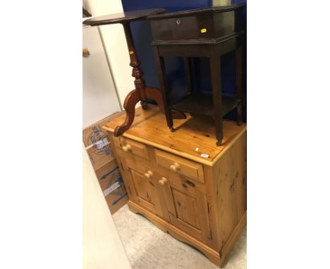 A modern pitch pine cabinet of two drawers above two cupboard doors, 91 cm wide x 44 cm deep x 86 cm high, together with a ma