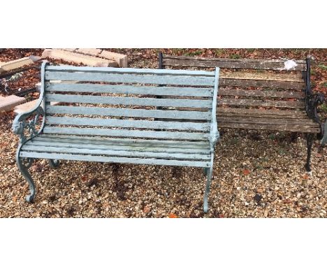 Two painted metal and slatted wooden garden benches, 127 cm and 125 cm wide respectively CONDITION REPORTS Both have cast iro