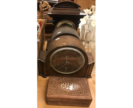 A collection of early 20th Century mantel clocks, together with two pairs of binoculars, a Kodak Instamatic camera and a carv