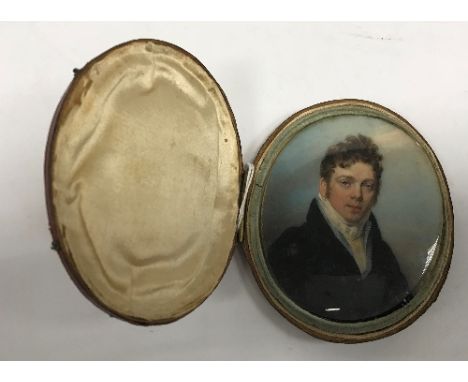 GEORGE ENGLEHEART (1752-1829) "Gentleman in blue overcoat with white stock", a miniature portrait study, bust length, oil on 