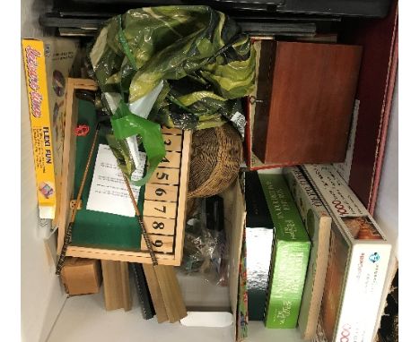 A box of assorted vintage games, etc, to include a pair of miniature golf woods stamped "J. Rowe", a wooden chess set, a Chad