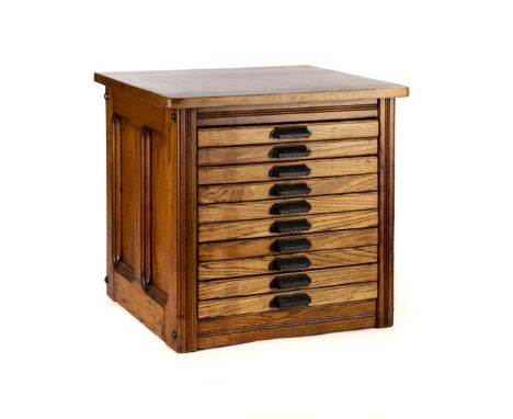 * Type Cabinet. A refurbished 10 drawer light oak type cabinet, each drawer with divisions for type and cast metal Caslon han