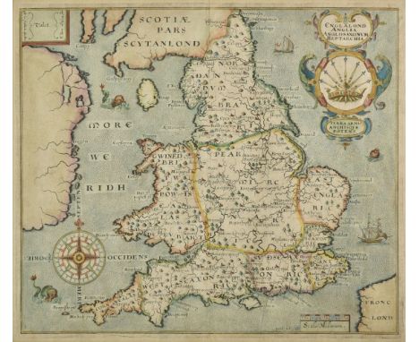 England and Wales. Hole (William), Englalond Anglia Anglosaxonum Heptarchia, [1637], hand coloured engraved map, large strapw