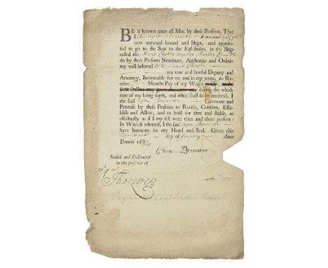 * [East India Company]. Printed document signed, 19 January 1687, assigning the wages of Christopher Brewster of the East Ind