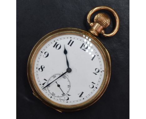 A gold plated open face top wound pocket watch, the white dial with Arabic numerals and subsidiary dial at 6, movement marked