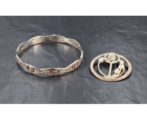 A Charles Rennie Mackintosh design silver bangle and brooch, in original boxes created by Carrick Jewellery, 31.5g gross