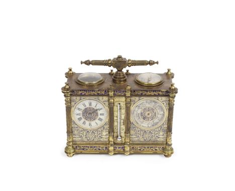 A late 19th century champlevé enamel and gilt brass combination carriage timepiece and barometer with compass and thermometer