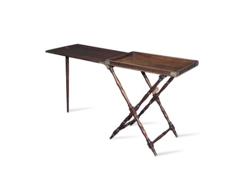 A Victorian mahogany and brass mounted camp table or campaign tray on standOf typical form, the stand comprised of a swivel h