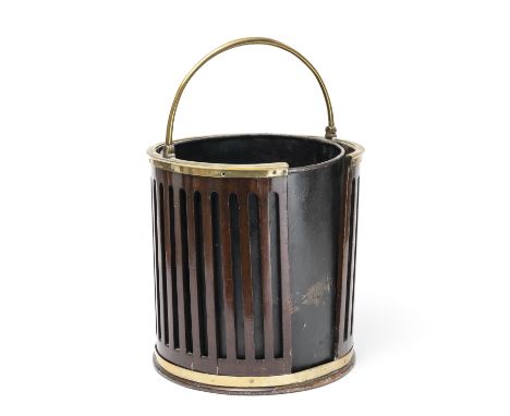 A George III mahogany and brass bound and mounted plate bucketwith open pierced staved sides with brass swing handle, fitted 