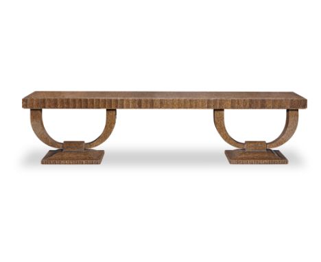A specially commissioned dual purpose pair of palmwood console tables and/or palmwood serving tableafter E.J. Ruhlmann, in th