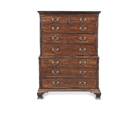 A George III mahogany chest on chestWith oak lined drawers, the cavetto moulded cornice above two short and three long gradua