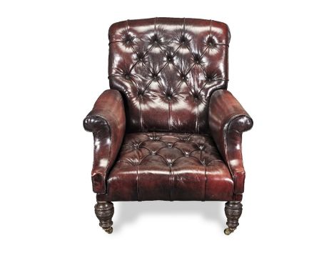 A rare Victorian mahogany campaign armchair or infantry officer's bergereWith button back leather upholstery, on removable sc