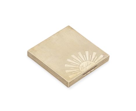 An Art Deco 9 carat gold compactmaker B&amp;S, Birmingham 1947 Square form with sun rays and engine-turning, engraved 'Sophie