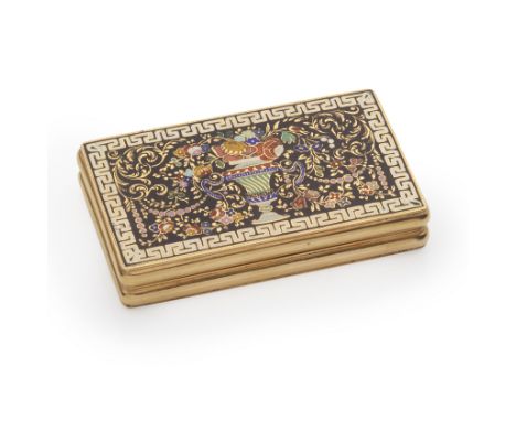 A 19th century gold and champlevé enamelled snuff boxunmarked, almost certainly Swiss  Rectangular, the cover with a central 