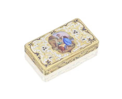 A 19th century Swiss gold and enamelled snuff boxmaker's mark incuse CM, possibly Charles Magnin, and stamped '18K' Of curved