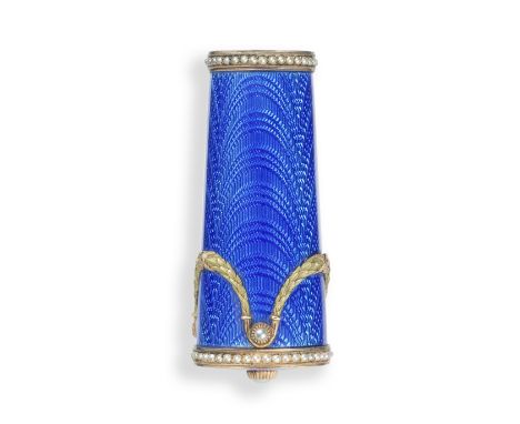 A jewelled guilloché enamel parasol handleprobaly by Fabergé, St Petersburg, circa 1900enamelled overall in translucent royal