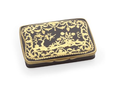 An 18th century gold-mounted tortoiseshell snuff boxunmarked, circa 1730 Rectangular, the cover with elaborate piqué posé gol
