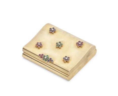 A Continental yellow metal and gem set compactonly stamped 750 Cushion shaped hinged cover, with five gem set flower heads, r
