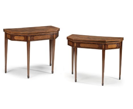 A pair of George III mahogany and satinwood card tables1790-1805, each of rectangular outline with canted front angles, with 