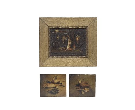 A near pair of late 19th century oil on panel pictures depicting dead game trophies together with a frame picture of a larder