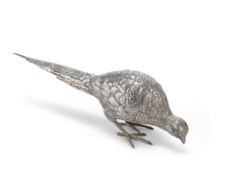 A silver model of a pheasantthe long tailed bird modelled with low pecking head, with maker's mark: 'BH &amp; M', standard ma