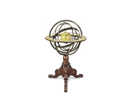 A late 19th century brass mounted mahogany armillary globethe sphere and horizon girdle with applied coloured printed paper s