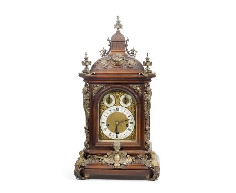 A late 19th / early 20th century gilt brass mounted walnut chiming bracket clock with bracketthe backplate stamped Lenzkirch 