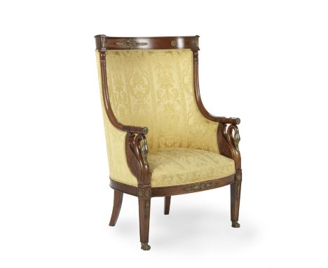 A French late 19th century Empire revival brass mounted mahogany bergère1885-1900Of tub back form, variously mounted with a M
